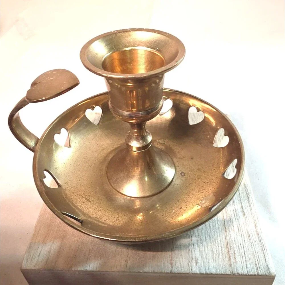 Vintage Solid Brass Candle Holder Chamberstick Heart Cut Outs Handle Taper 3.75